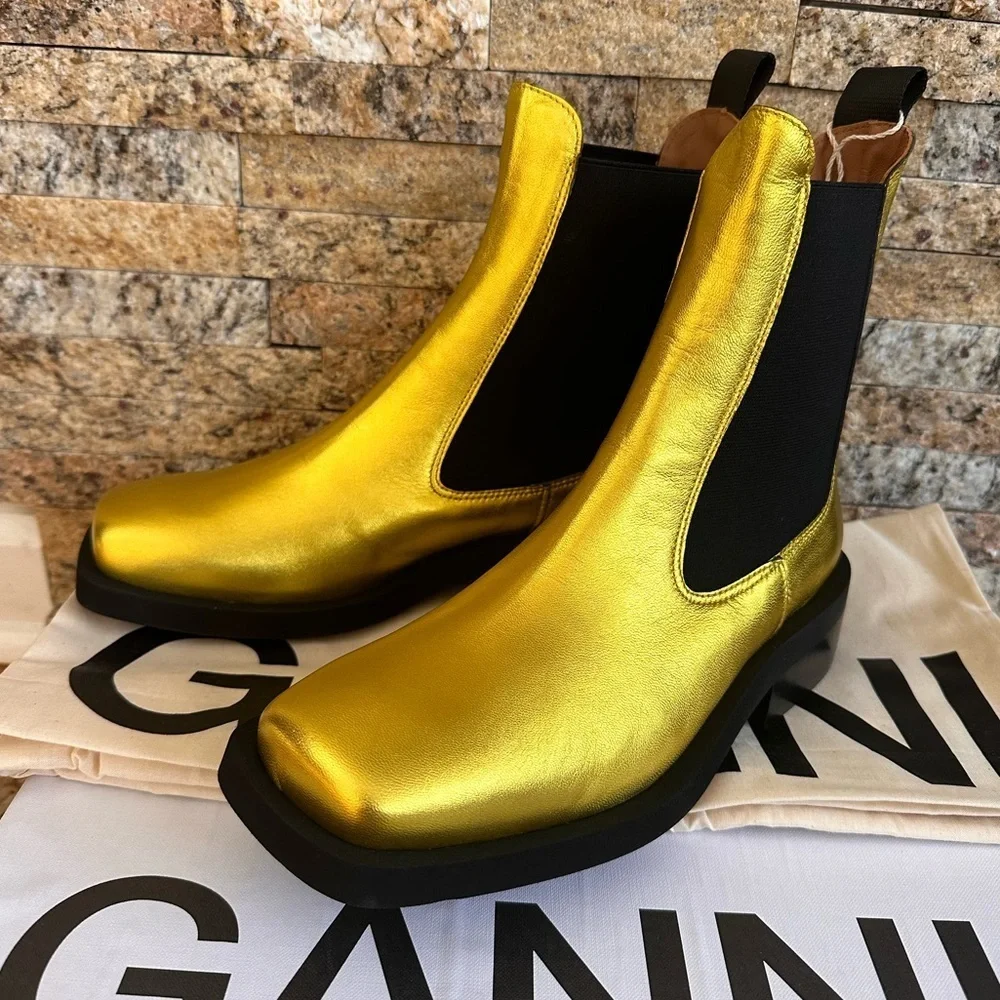 Ganni Gold Metallic Chelsea Ankle Boots
